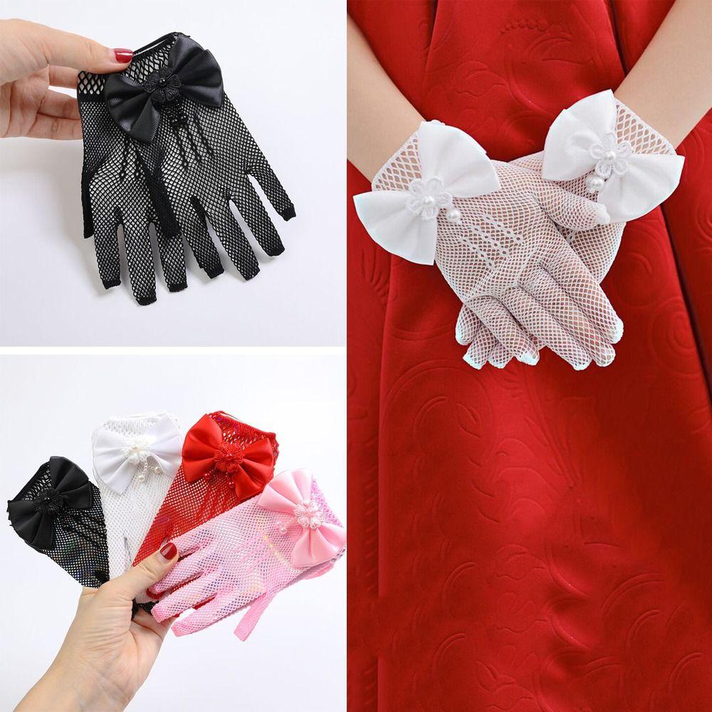 Bow Knot Lace Mesh Gloves Short Etiquette Dress Gloves Holiday Princess Birthday Party Gloves