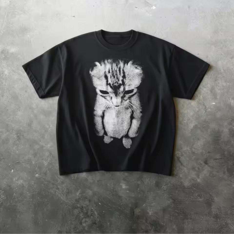 Y2K Grunge Sad Kitten Print Black Cotton Oversized T-Shirt Retro 2000s Alt Casual Street Short Sleeve Top