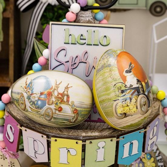 Happy Easter Treat Box Egg Shape Candy Box Funny Bunny Chicken Pattern Portable Iron Art Biscuit Cookie Box Kids Gift Box Easter Party Favors