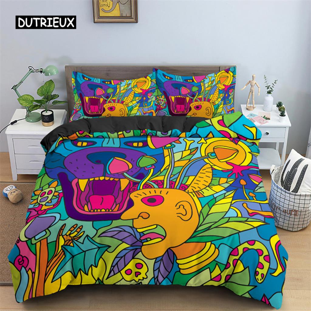 Пододеяльник с абстрактным человеческим лицом, двуспальный, двуспальный, из микрофибры, мистический рисунок, комплект постельного белья с психоделическим граффити