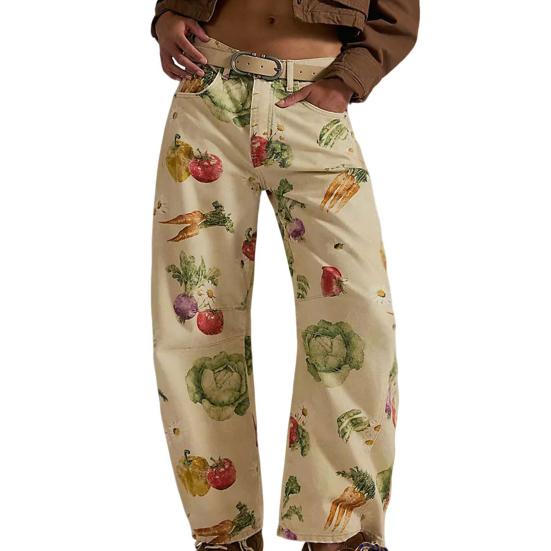 Джинсы-бочки для женщин, джинсы-бойфренды мешковатого кроя с цветочным принтом, повседневные джинсы из денима с широкими штанинами до щиколотки и средней посадкой