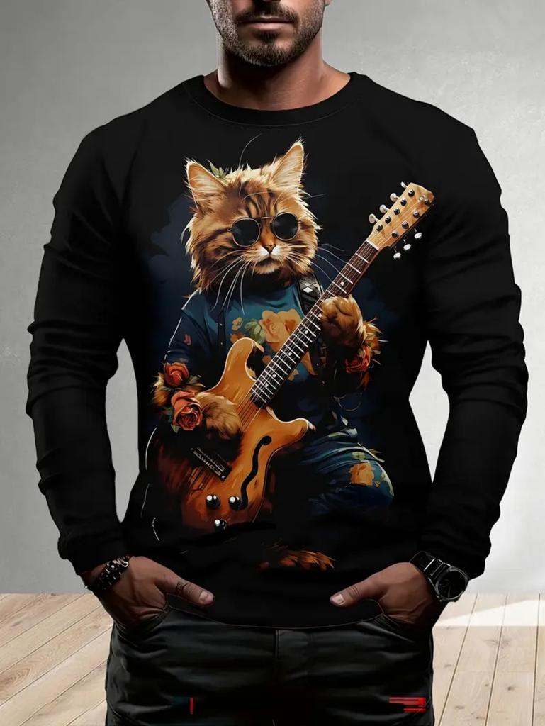 Men's T-Shirts Cute Cat Graphic T Shirts Y2k Casual Loose Long Sleeve Tee Outdoor Autumn O-Neck Tops Comfortable Men's Clothing