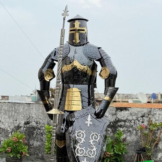 Full Body Templar Knight Armor Black Stainless Steel Suit with Mirror Finish Stand for Cosplay, LARP, Display And Reenactment Use