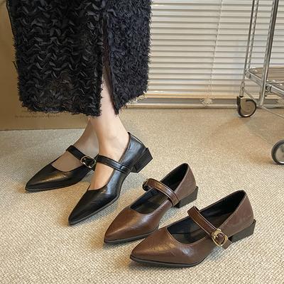 Остроносые туфли-лодочки женские весенне-осенние на толстом каблуке из мягкой кожи с туфлями Мэри Джейн 2025 новые универсальные черные туфли на высоком каблуке