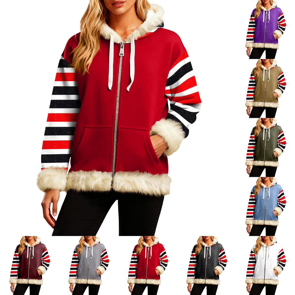 Женская Удобная Свободная Модная Повседневная Толстовка-Куртка с Длинным Рукавом, Карманами и Капюшоном с Полосатым Принтом