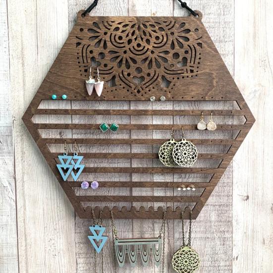 Yousheng Wooden Hanging Earring Holder Wall Decor Jewelry Organizer Vintage Earring Display Organizer for Women And Girls Earrings Necklaces