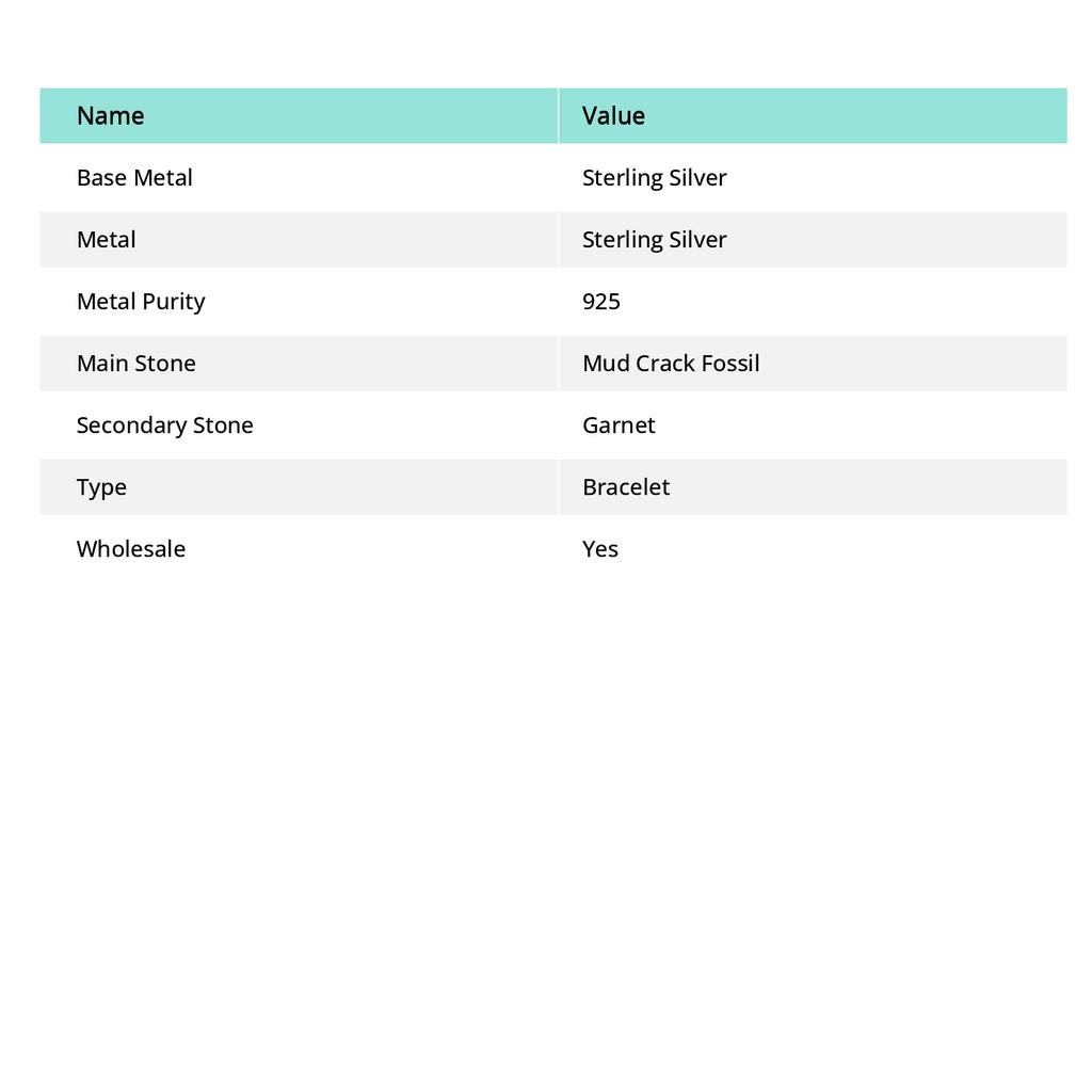 Natural Mud Crack Fossil, Garnet Gemstone 925 Sterling Silver Bracelet 7-8" G0J62