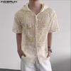 Мужские рубашки с лацканами, коротким рукавом, кружевные, вязаные крючком, сетчатые, прозрачные, повседневные, свободного кроя