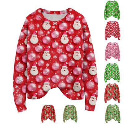 Женский кардиган с рождественским принтом, с длинным рукавом, с круглым вырезом, вязаный топ