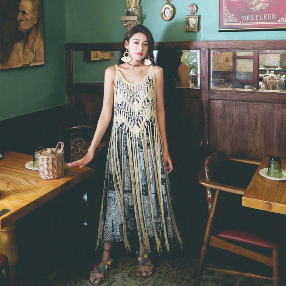 Bohemian Style Beach Dress Polyester Fibre Tassel Vest Elegant Knit Gown  Beach Vacation