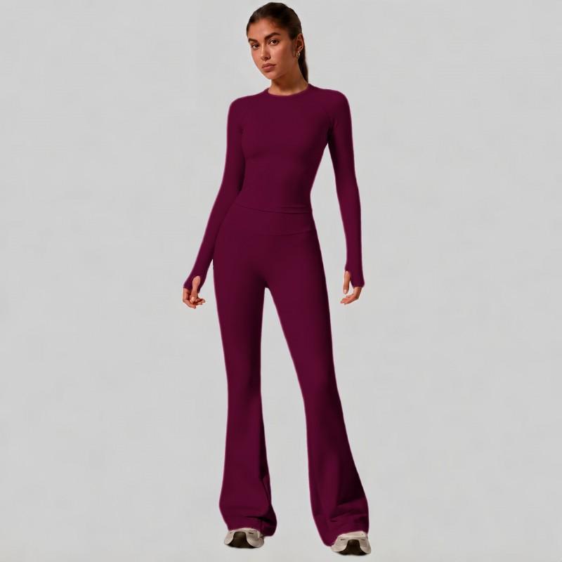 Womens High-Waisted Yoga Set With Butt-Lifting Effect 3-Section Waist Design Long Sleeve Top Flared Leggings 90% Nylon 10%