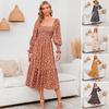 Women Dress Long Sleeves Flower Print A-line Square Neck Midi Dress Elastic Bust