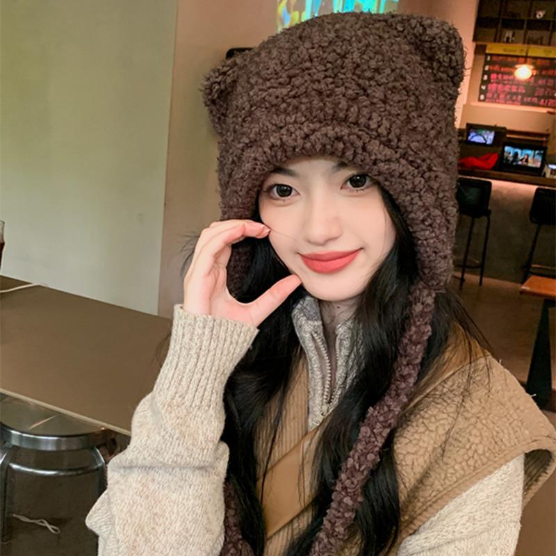 Little Bear Ear Hat Versatile In Autumn Winter Cute Plush Ear Protection Warm Hat for Women