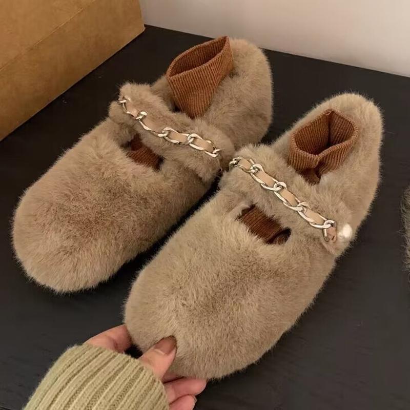 Модные женские туфли на плоской подошве с меховой цепочкой, осенняя новая дизайнерская повседневная обувь для женщин 2024 года, трендовая домашняя хлопковая обувь, удобное платье для прогулок Mujer Zapatos