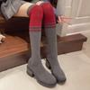 Fashion Long Legs Over The Knee Socks Boots for Women Spring and Autumn Round Toe Stretch Cloth Color Block Block Heel Stretch Boots
