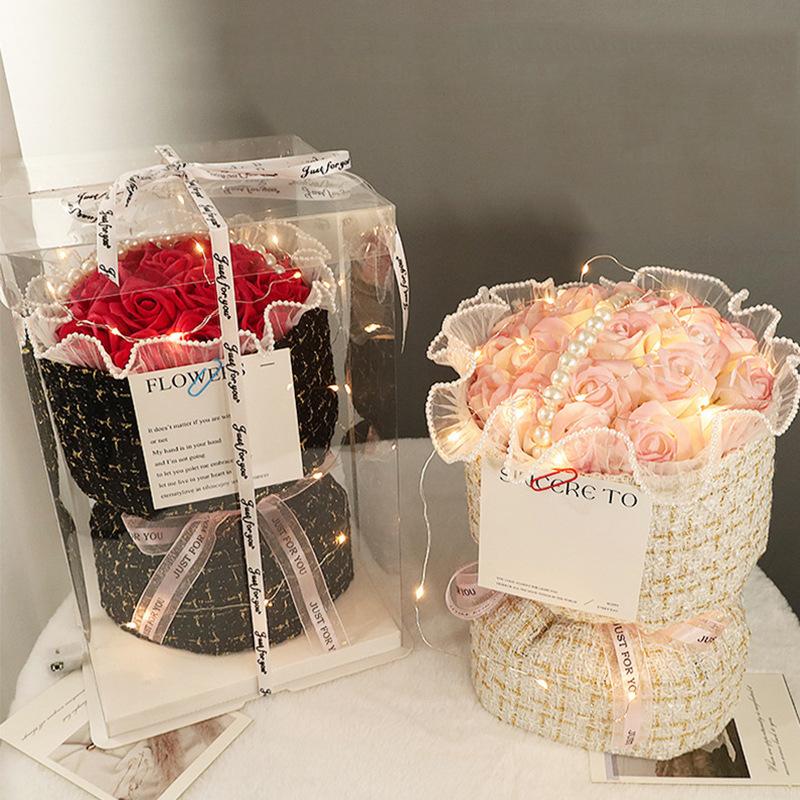Подарок на День святого Валентина, День матери, День рождения, Роскошный светящийся букет из искусственных вечных цветов, гвоздики, роз, мыльных цветов