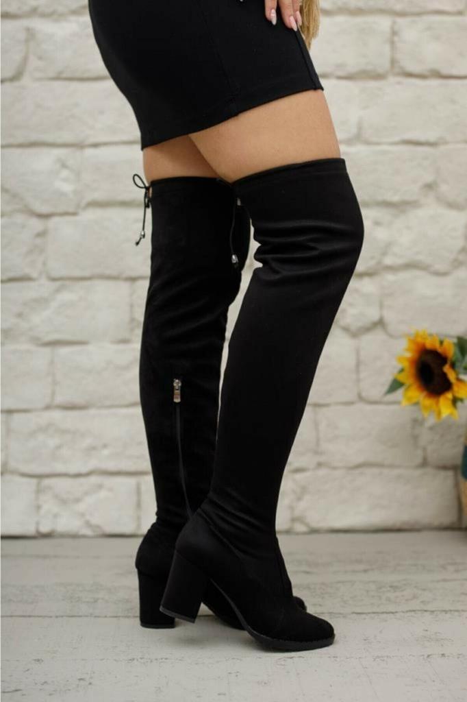 Женские современные стильные модные ботинки, ботинки из искусственной кожи, замши, черные замшевые эластичные носки, сапоги выше колена на толстом каблуке