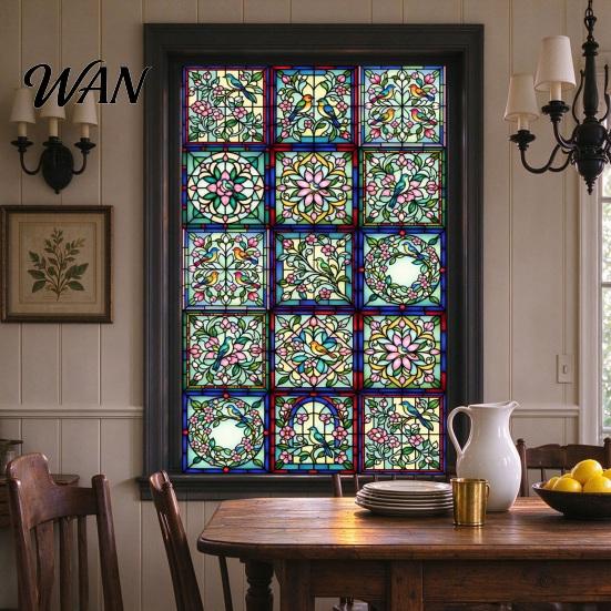 Easy Install Window Film Vintage Stained Glass Sticker, Static Privacy Film, Decorative Customizable Sticker Geometric Pattern for Bathroom Doors and