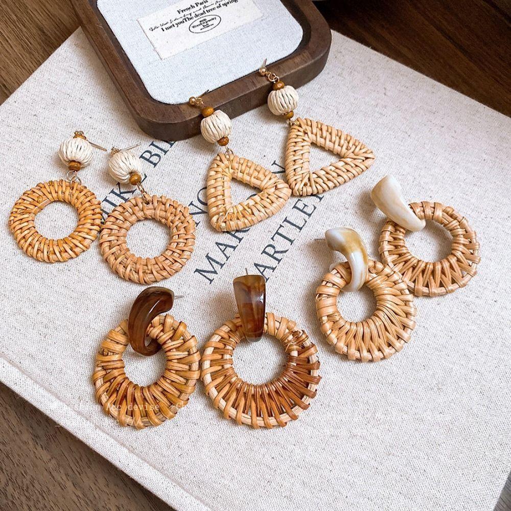 Round Rattan Weave Earrings Flower Beach Jewelry Cute Bohemian Drop Earrings Wedding