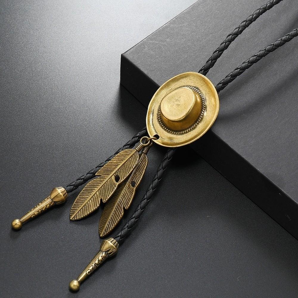 Unisex Western Cowboy Hat Necklace Leather Rope Metal Feather Necktie Long Pendant Chain Daily