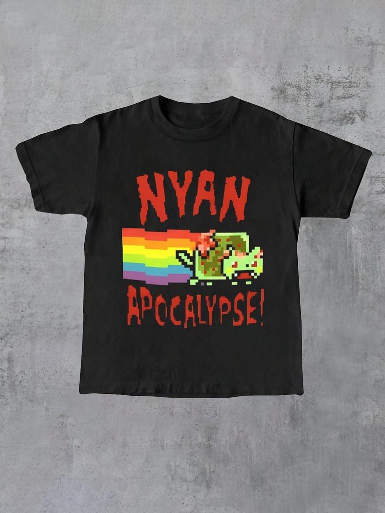 1pc Men's Y2K Gothic Apocalypse T-Shirt - Retro 90s Post-Apocalyptic NYAN -like Graphic Tee