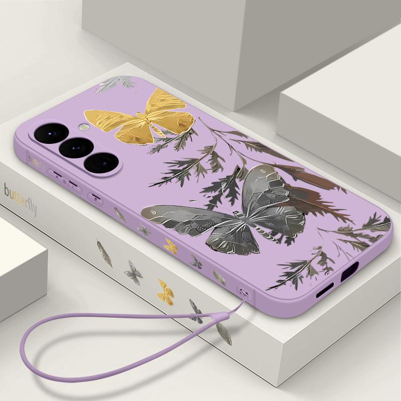 Чехол с гальваническим покрытием и рисунком золотой бабочки для Samsung Galaxy A56 A17 A26 A16 A36 A55 A54 A53 A15 S24 S25 FE S25 S22 S23 Ultra Plus со шнурком, мягкий чехол