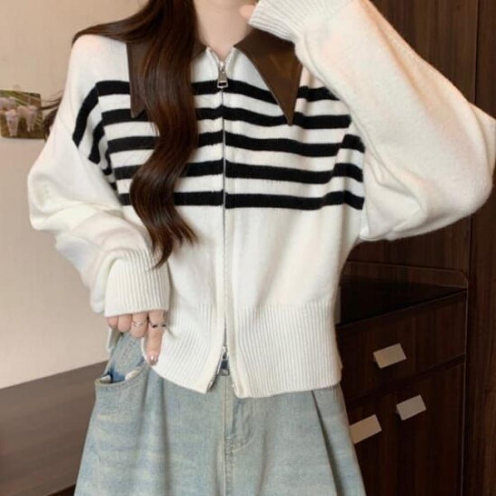 Navava Women Striped Zip Up Long Sleeve Knit Cardigan Nk2473