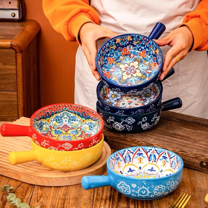 Bohemian Ceramic Handle Bowl, Home Creative Fruit Salad Bowl, Instant Noodle Bowl With Handle, Oven Baking Bowl, Heat-Resistant
