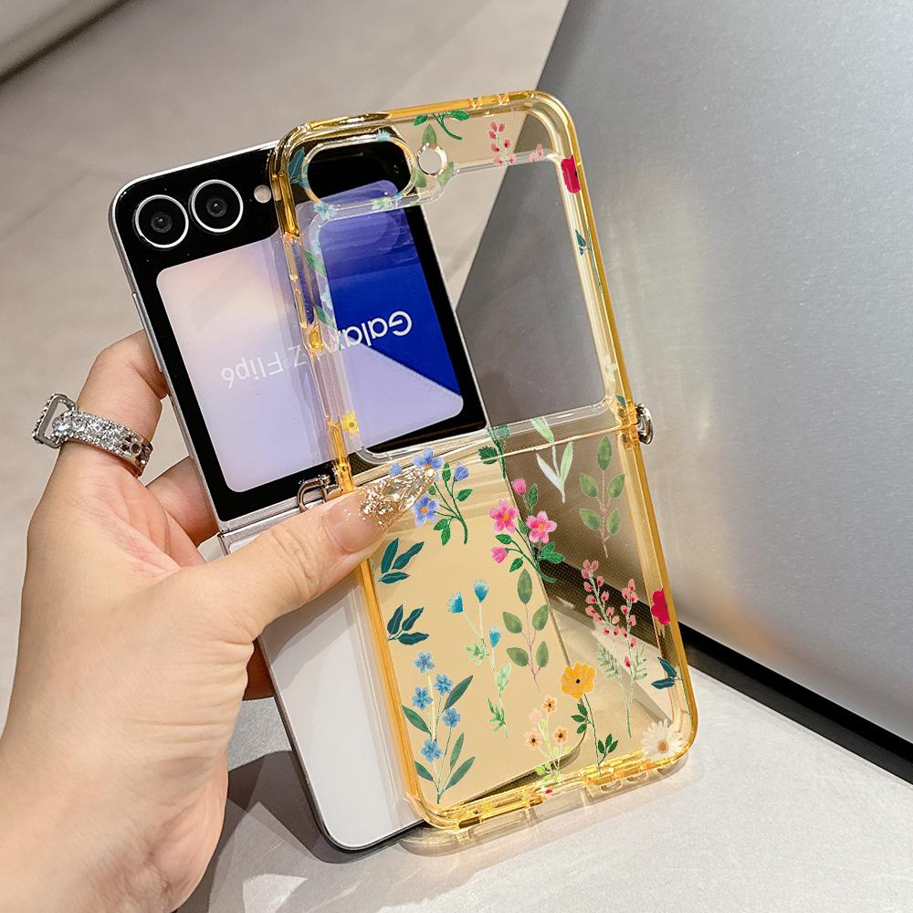 Летний Цветочный Модный Металлический Коннектор Чехол для Телефона для Samsung Galaxy Z Flip3 Flip4 Flip5 Flip6 Flip7 Конфетный Цвет Мягкий ТПУ Чехол