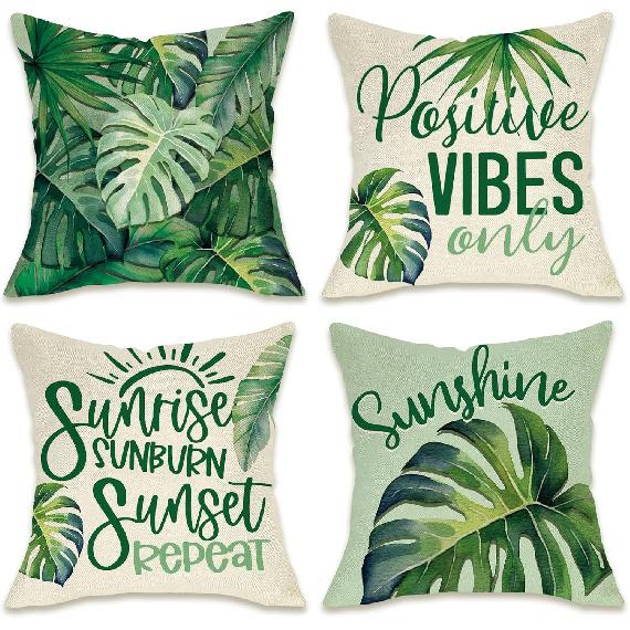 Fahrendom Monstera Palm Leaves Decorative Throw Pillow Covers 18 x 18 Set of 4, Positive Vibes Only Tropical Plant Sunshine Porch Patio Outdoor