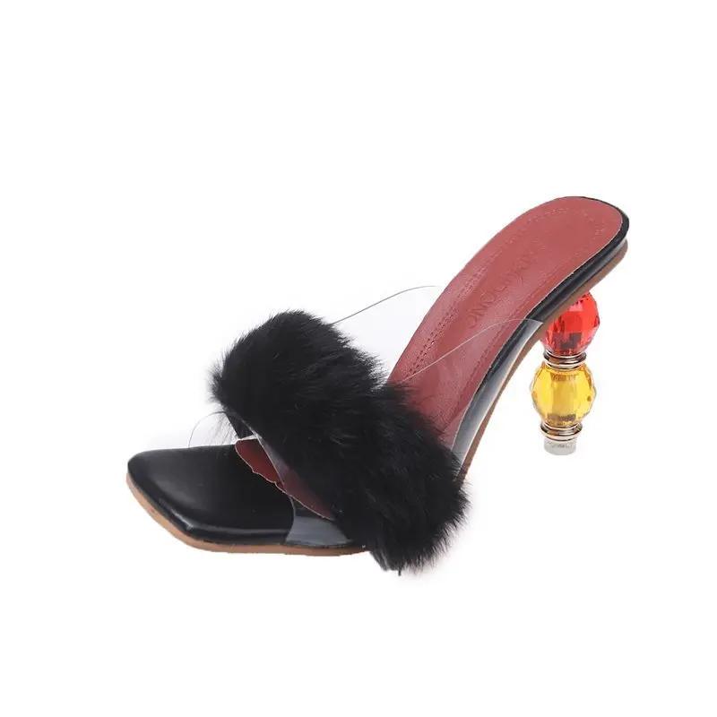 Женские туфли-лодочки из ПВХ, прозрачные перья, плексиглас, кристаллы, высокие каблуки, меховые туфли с открытым носком, мюли, тапочки, женские шлепанцы, обувь n87