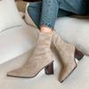 Мода Осень Зима Мода Женские Ботинки Квадратный Носок Пряжа Эластичные Ботильоны Замша Кид Толстый Каблук Обувь Женские Носки Ботинки bota feminin