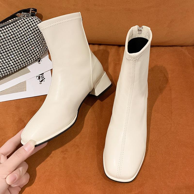 Маленькие короткие сапоги на грубом каблуке, женские осенние ботинки Martin 2024 года, модные мягкие кожаные квадратные универсальные узкие сапоги, эластичные сапоги
