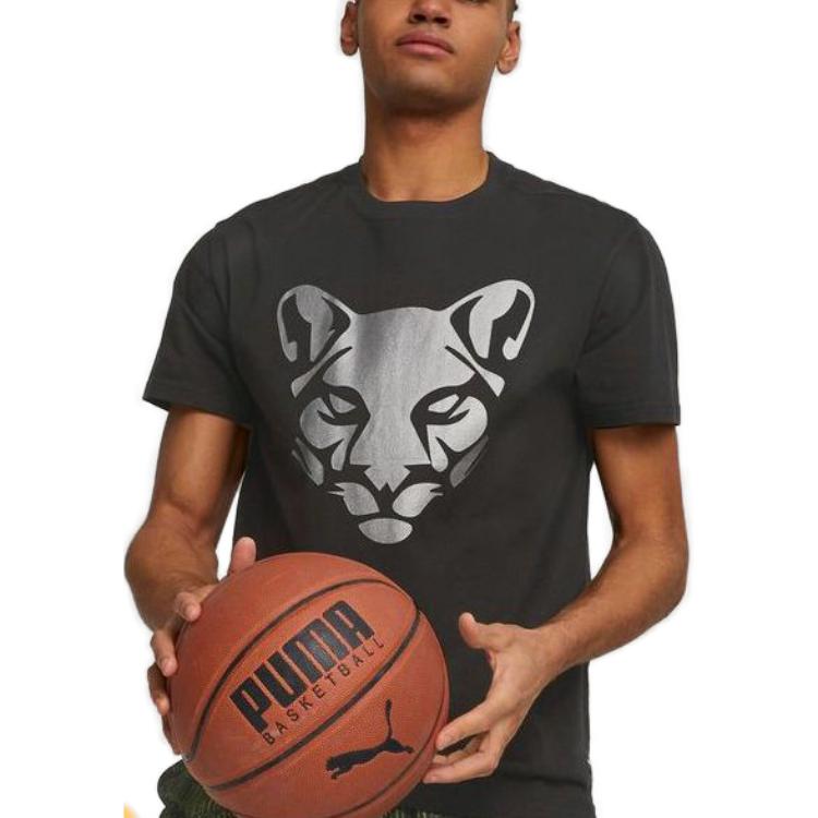 Puma Футболка с логотипом и принтом животных для баскетбола, спортивная, повседневная, дышащая, с круглым вырезом и коротким рукавом, мужская, черная 538564-01