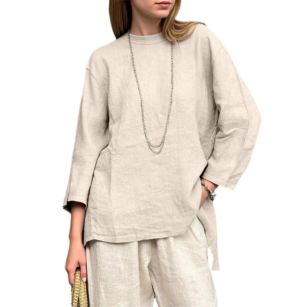 Женский свободный топ из хлопка и льна с ретро-принтом, круглым вырезом и длинными рукавами