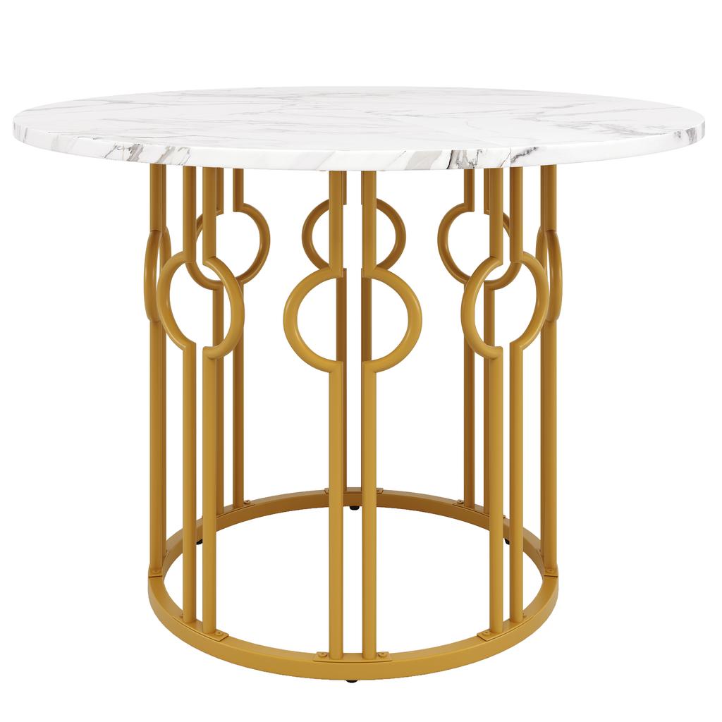 Round Dining Table (100×100×76cm), Coffee Table for 4, suitable for Dining Room, Living Room, Metal Legs, MDF Marbled Top, Golden Legs