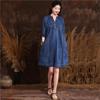 Retro Pocket Devise Cotton Casual Solid Color A-Line Dress Half Sleeve V-Neck Loose Vintage Style Embroidery Dress