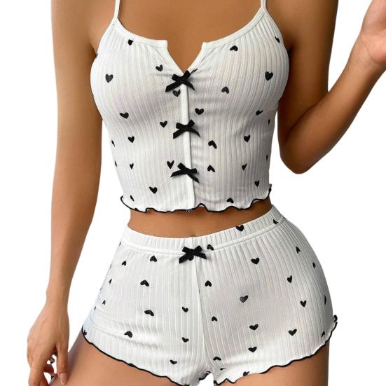 2Pcs/Set Lady Homewear Top Shorts Suit Heart Print Bow Decor Sleeveless Backless Vest Elastic High Waist Short Pants Camis
