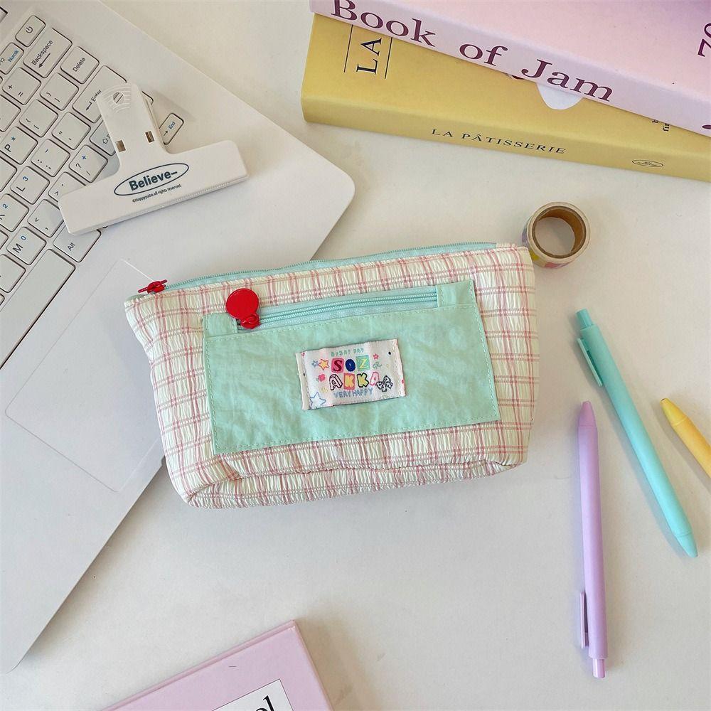 Dopamine Contrasting Grid Pen Case Checkered Cute Makeup Bag Simple Cartoon Stationery Box School