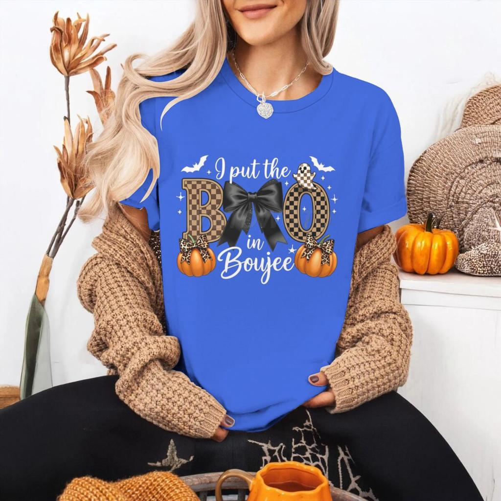 I Put The Boo in Boujee Graphic Tee Tops Coquette Halloween Classic Tshirts Spooky Season Fashion Tshirt Leopard Pumpkin Tops