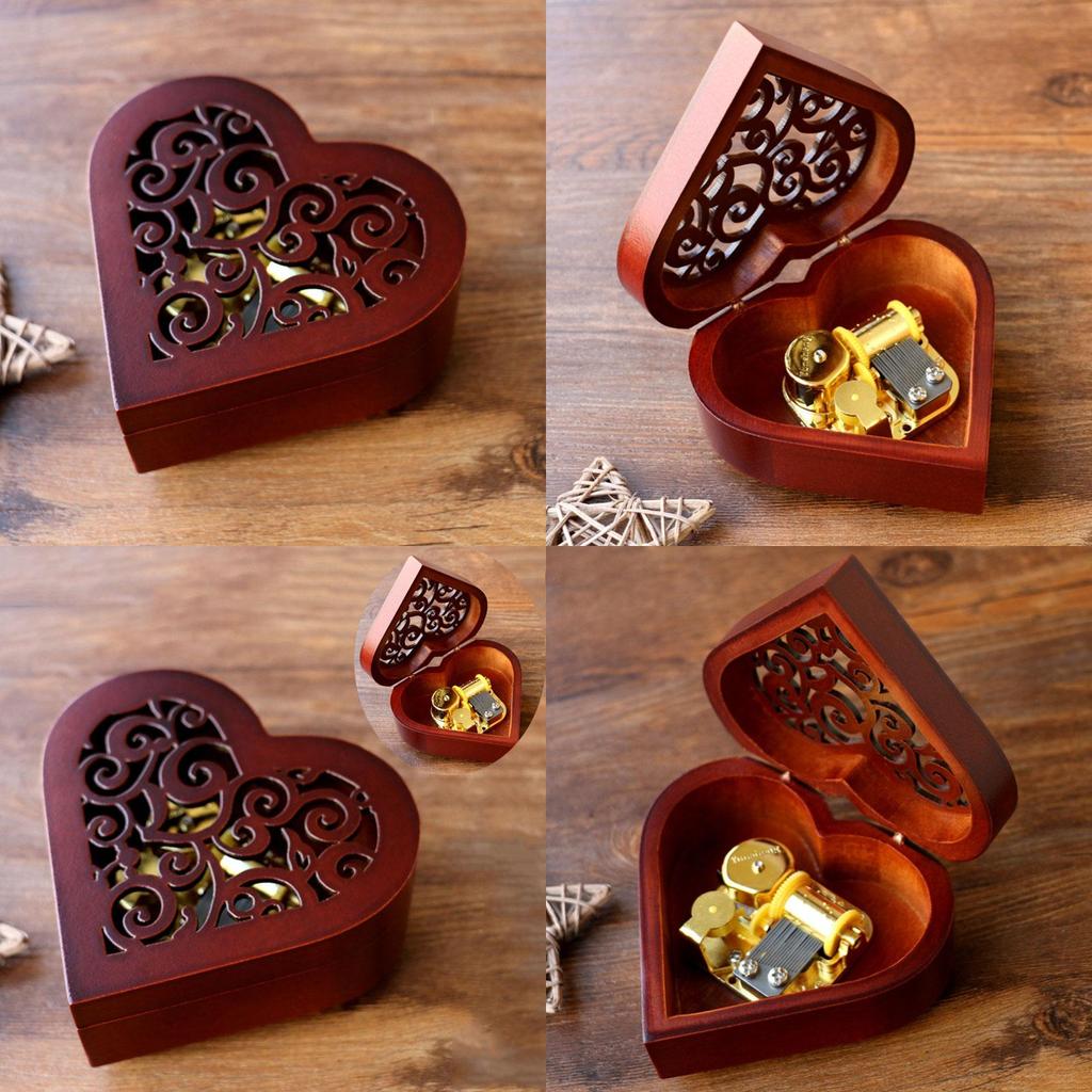 Очаровательная прямоугольная музыкальная шкатулка из дерева с резьбой в виде сердца, заводная, с мелодичными мелодиями