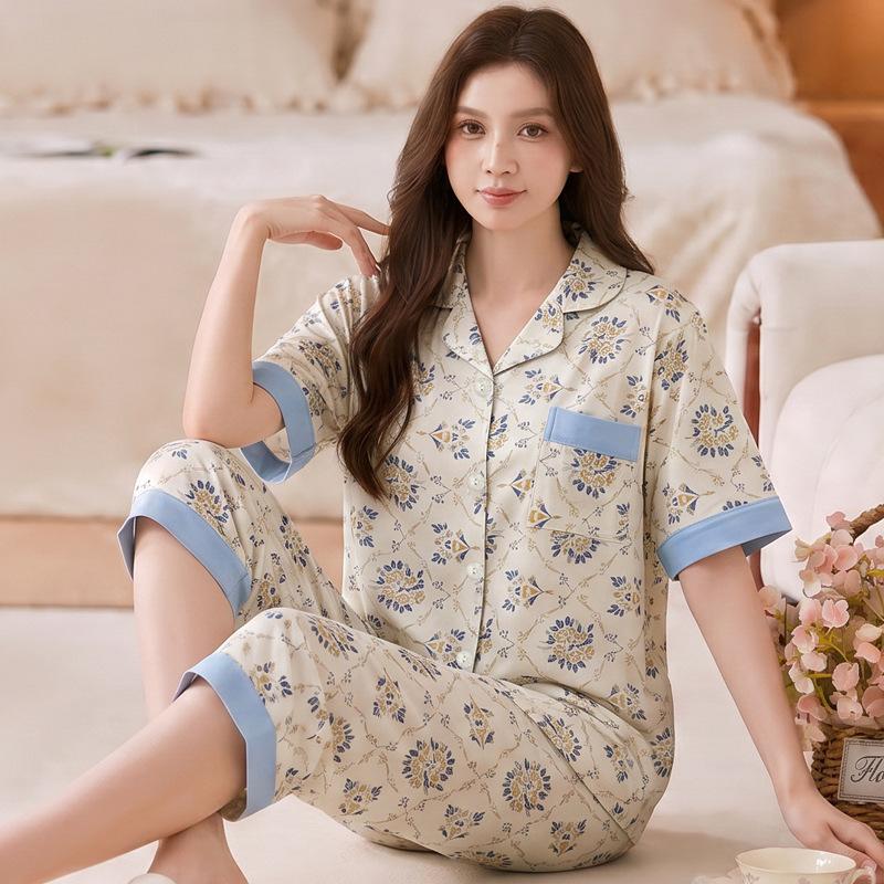 ins peach pajamas women's summer new imitation cotton short-sleeved cropped pants middle-aged mother's loungewear