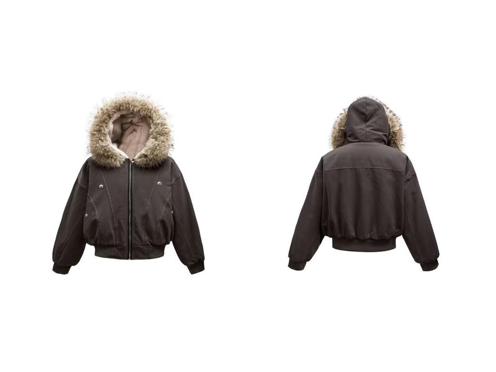 Унисекс ретро хлопковая куртка с капюшоном, пэчворк, меховой воротник – Зимний дизайн, короткая верхняя одежда с флисовой подкладкой.