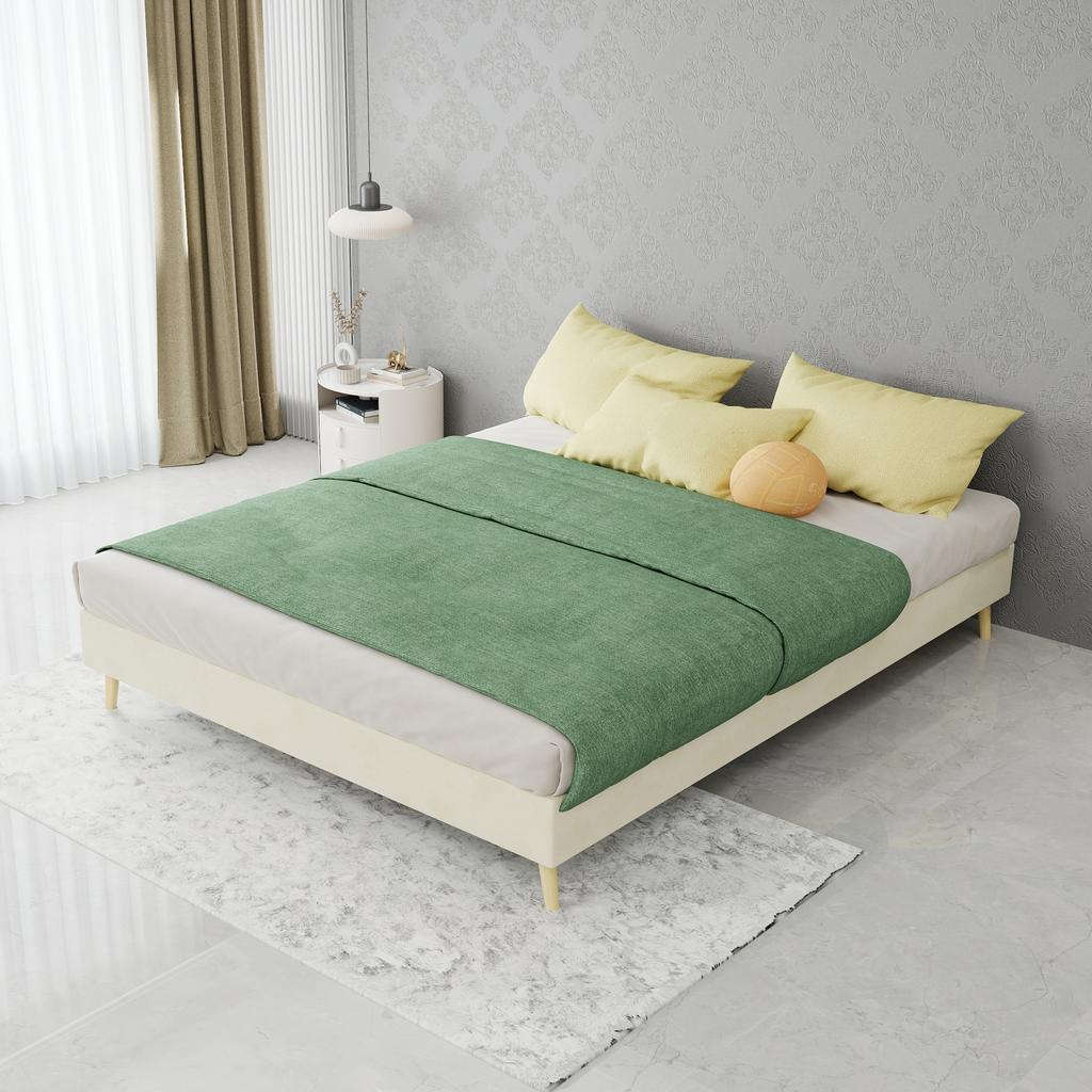 Modern Minimalist Bed Frame, 140x200 cm, Beige, Dutch Velvet Fabric, Low-Profile Base. Excludes Gas Lift Mechanism, Headboard, and Mattress.