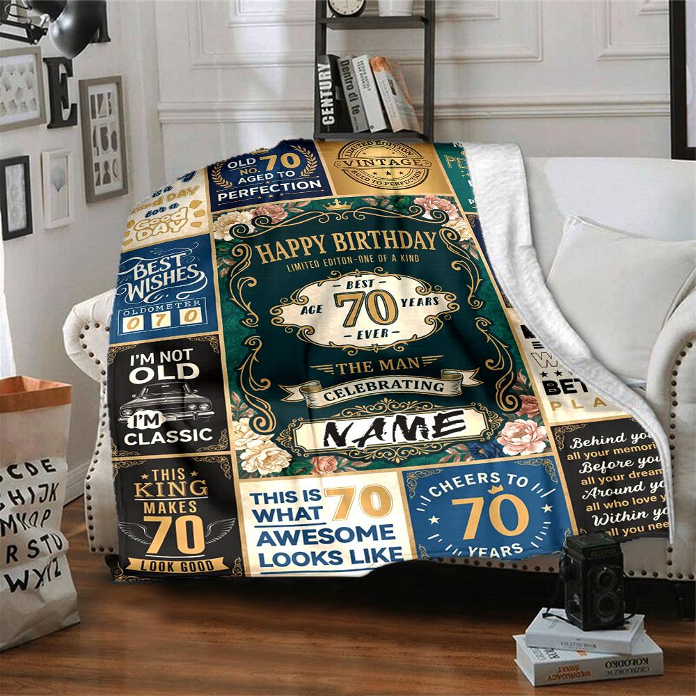 Vintage 70Th Birthday Celebration Blanket Personalized Name Soft Warm And Versatile For Sofa Bed Office And Travel Machine Washable Comfortable In All