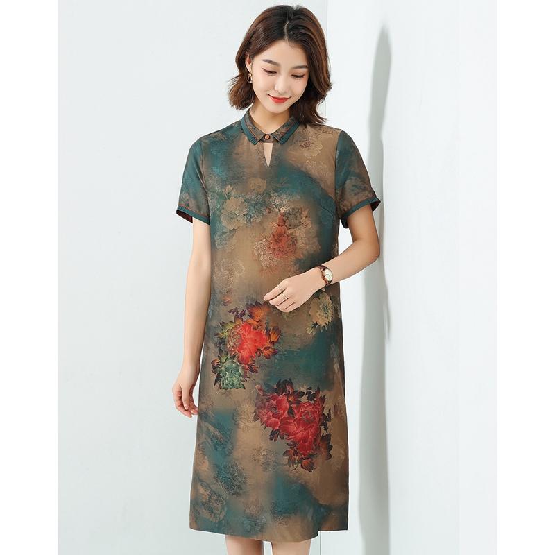 Mulberry Silk and Genuine Silk 100% Non Incense Cloud Yarn Shirt Collar Short Sleeve Peony Flower Retro Women's Dress