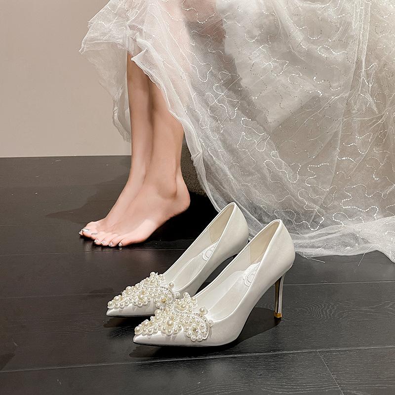 White Wedding Shoes for Bride Pointed Toe High Heels Rhinestone Pearl French Satin Bridal Party Shoes