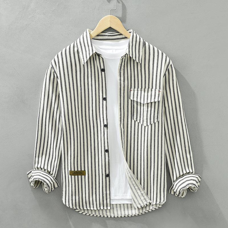 Рубашка в полоску с длинным рукавом в японском стиле в стиле ретро для мужчин, молодежная, 100% хлопок, повседневные свободные рубашки с карманом, мужская одежда на весну/осень