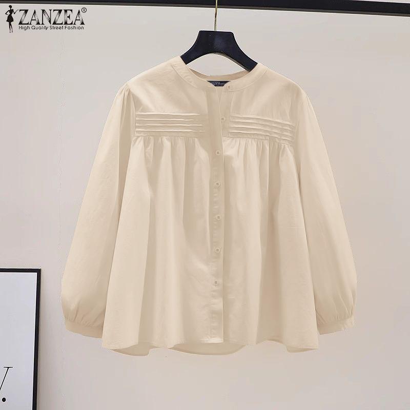 ZANZEA Women Casual Round Neck Loose Long Sleeve Plain Blouse