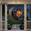 Halloween Wind Chime Black Cat Moon Chime, Gothic on Crescent Bell Glowing Pumpkin Lantern with Lantern, Hanging Ornament for Porch Door Yard
